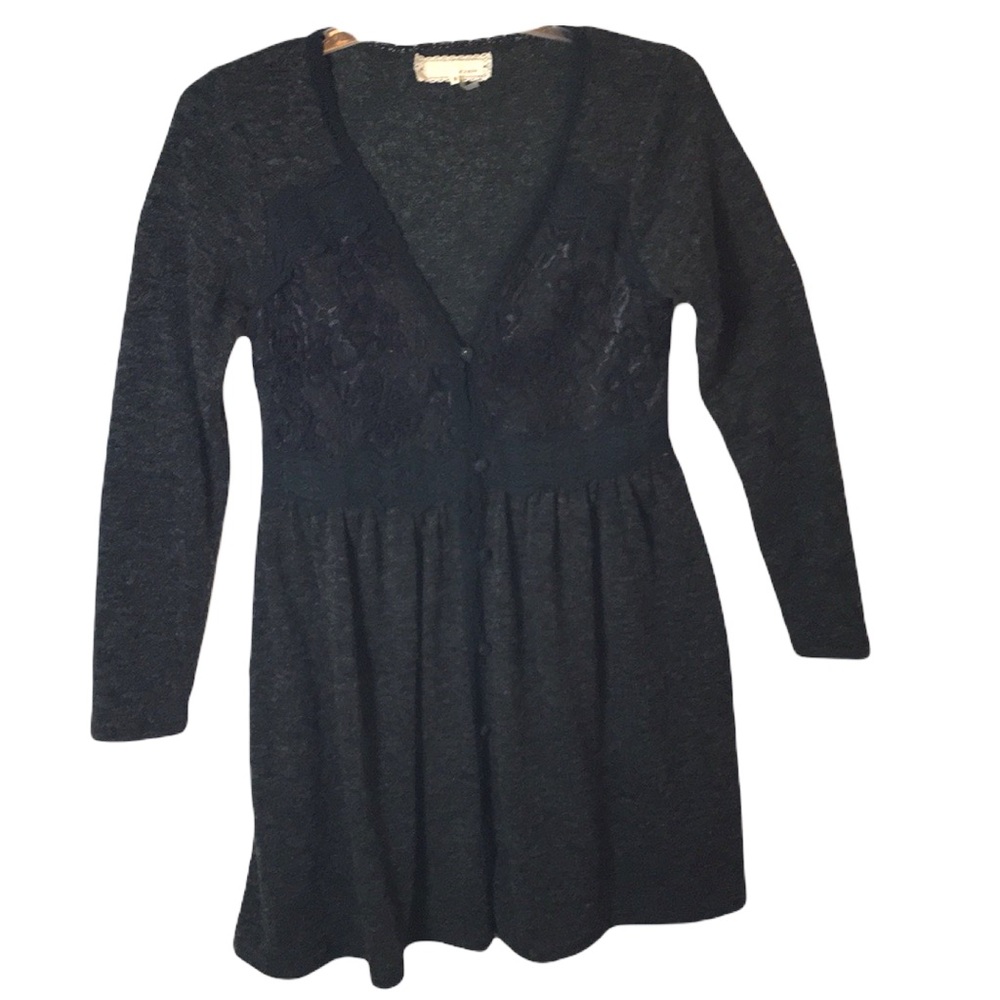 A’reve Anthropologie Grey Lace Detail Button Front Sweater Dress